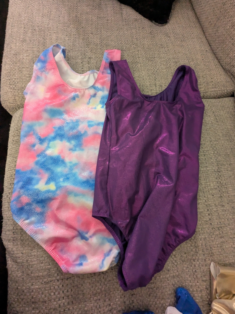 (4) Girls' Purple Shimmer and Pink-Blue Tie-Dye One-Piece Leotards -